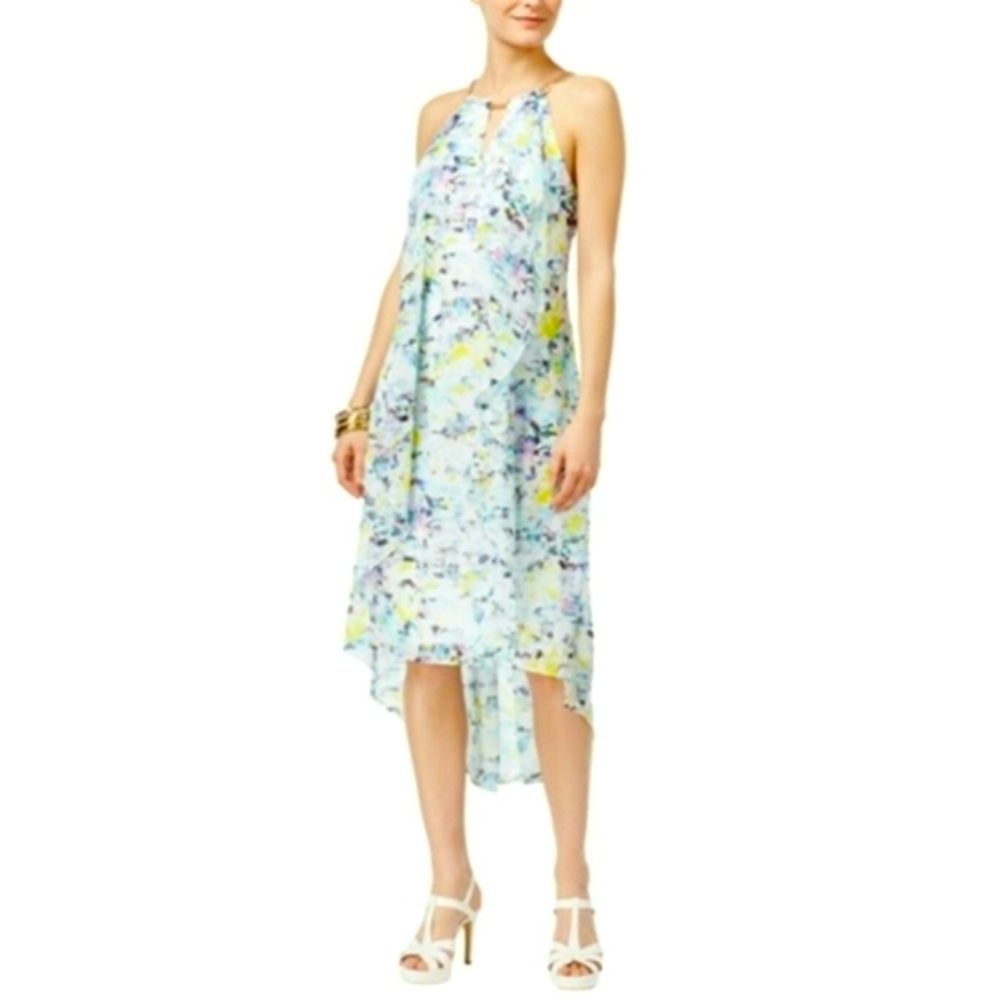 THALIA SODI MULTI CHIFFON CHAIN-NECK HIGH-LOW HEM HALTER DRESS 🌟NWOT🌟